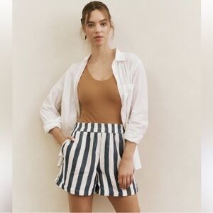 PACT Mariner Stripe Rhea Tabbed Shorts Womens M Organic Cotton Linen Pull On